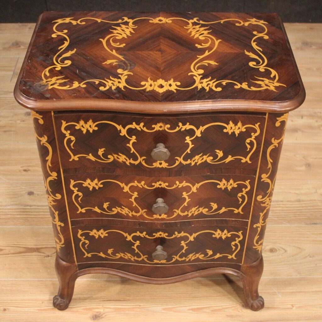 Pair of Italian inlaid bedside tables in walnut, maple and beech