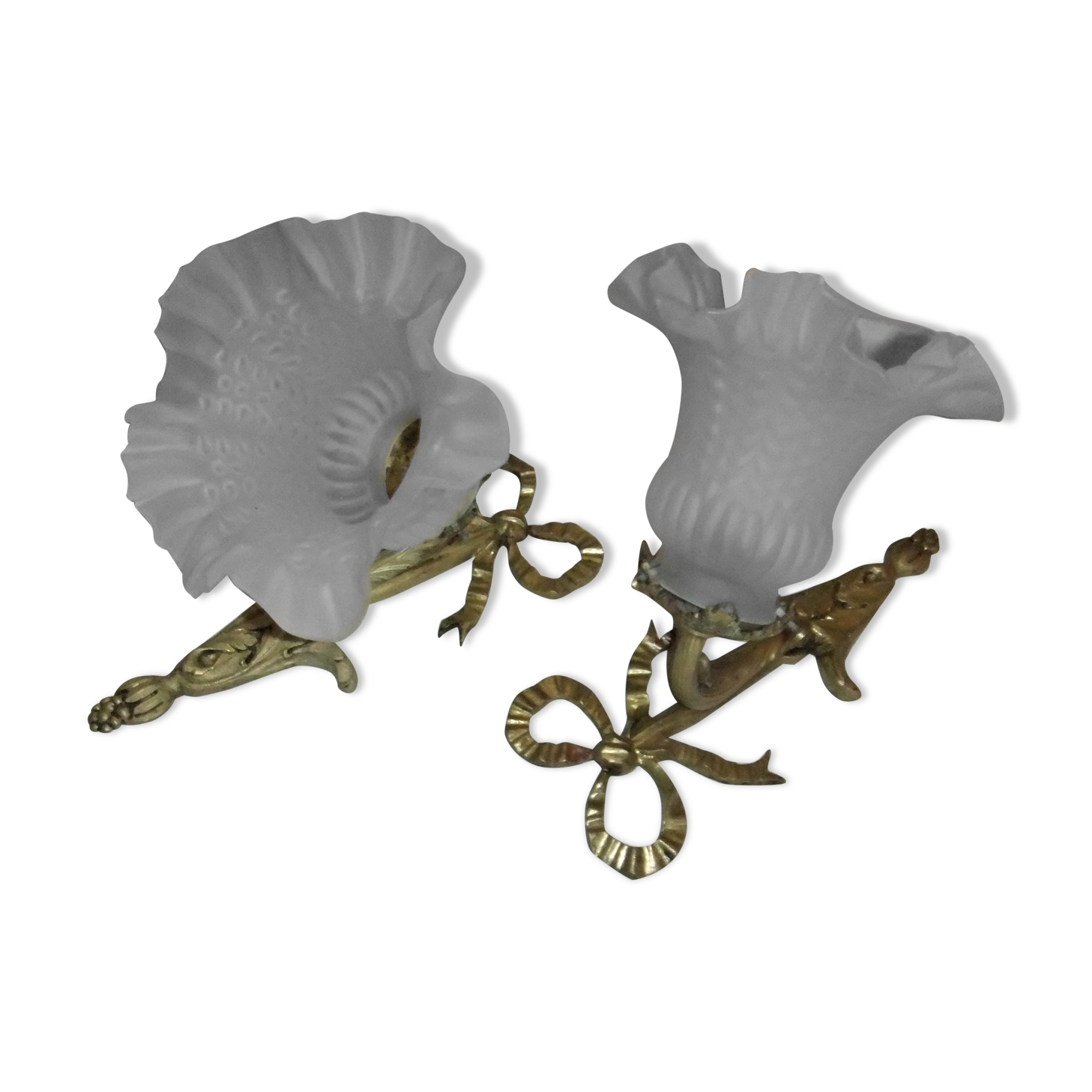 Pair applies Louis XVI Bronze opaque tulip light