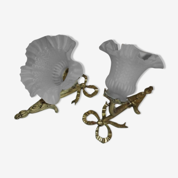 Pair applies Louis XVI Bronze opaque tulip light