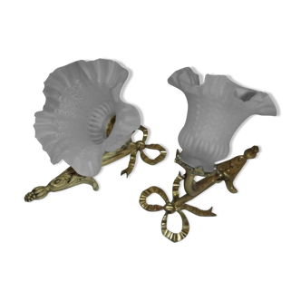 Pair applies Louis XVI Bronze opaque tulip light