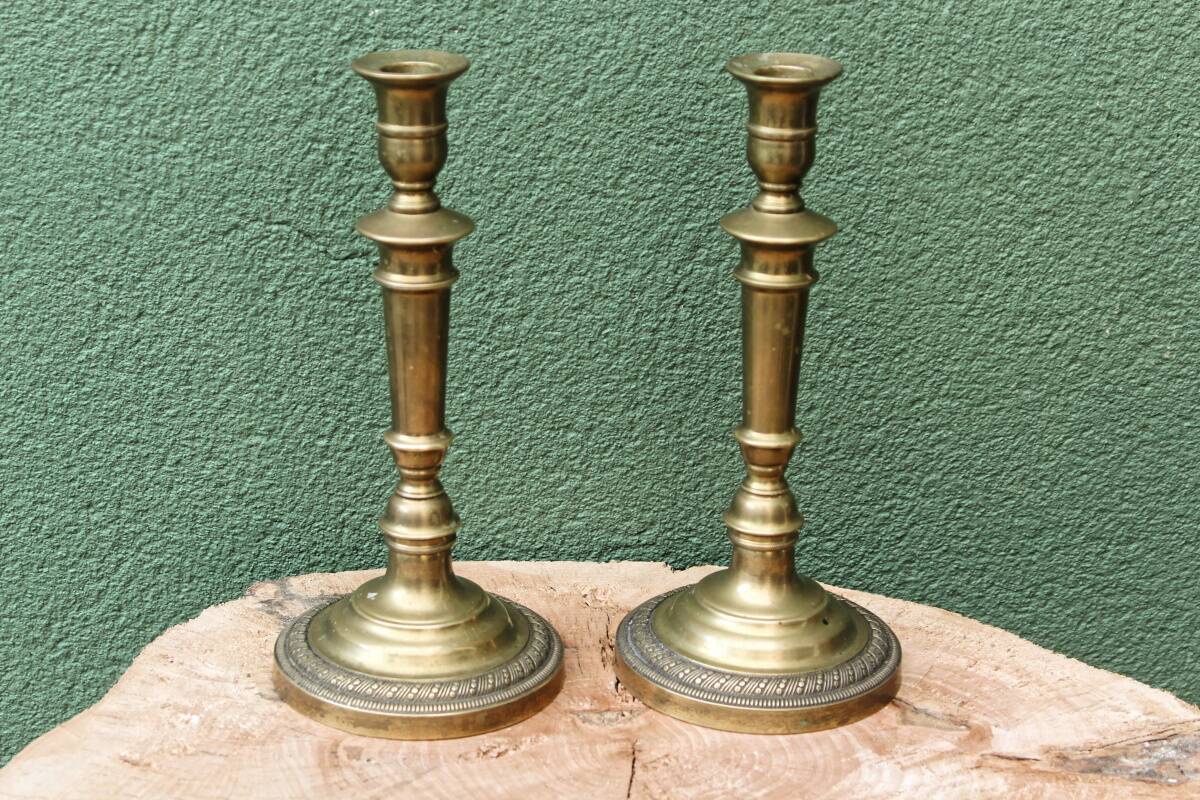 Pair of guilloché bronze candlesticks