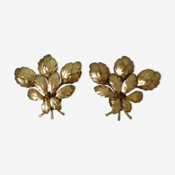 Paire d'appliques triples, feuille, fleur, en métal doré années 70