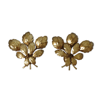 Pair of triple sconces, leaf, flower, 1970s gold metal