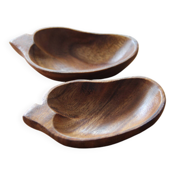2 teak leaf-shaped trays