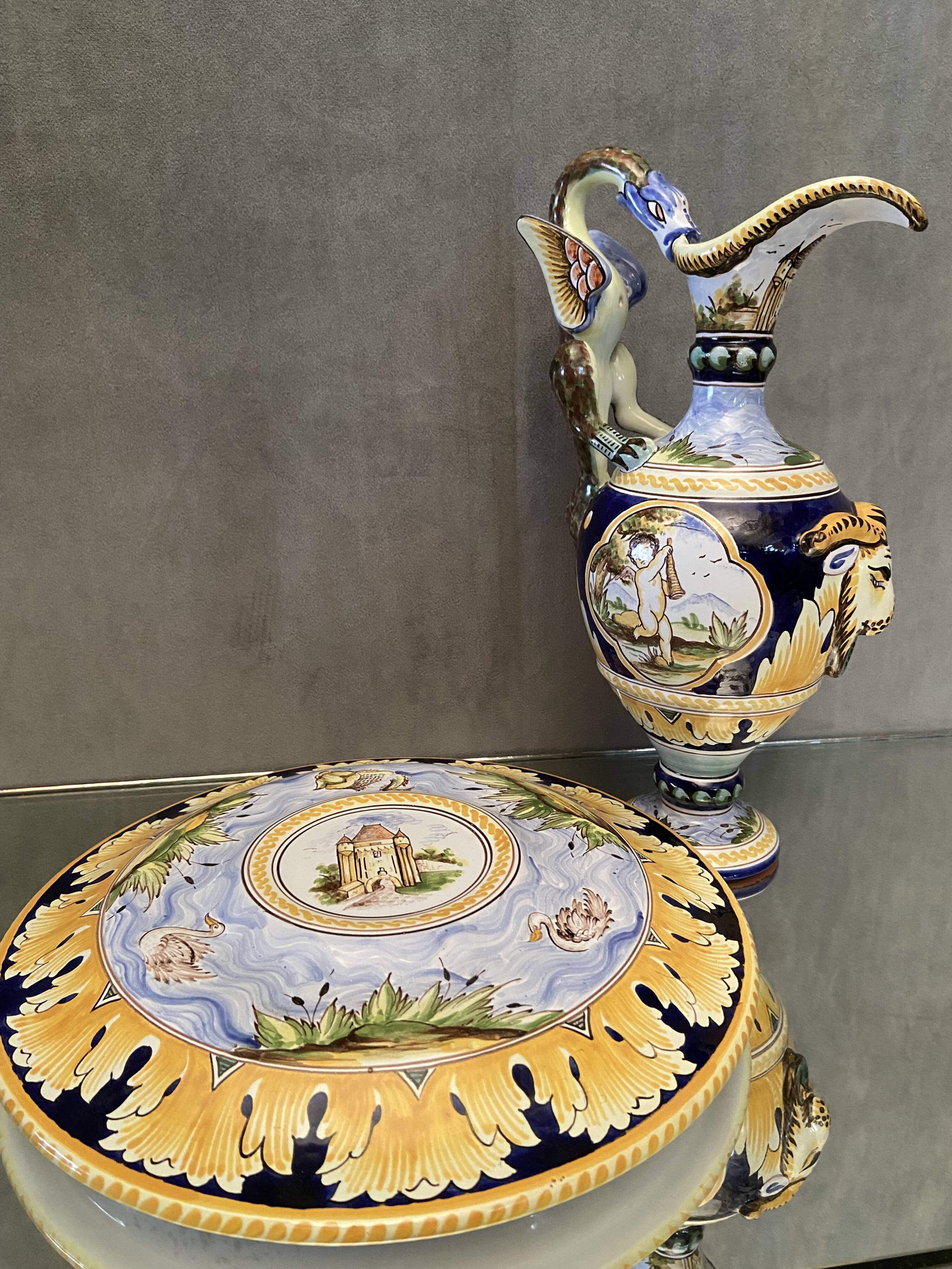 Ewer on flat display in earthenware of Nevers Renaissance decoration