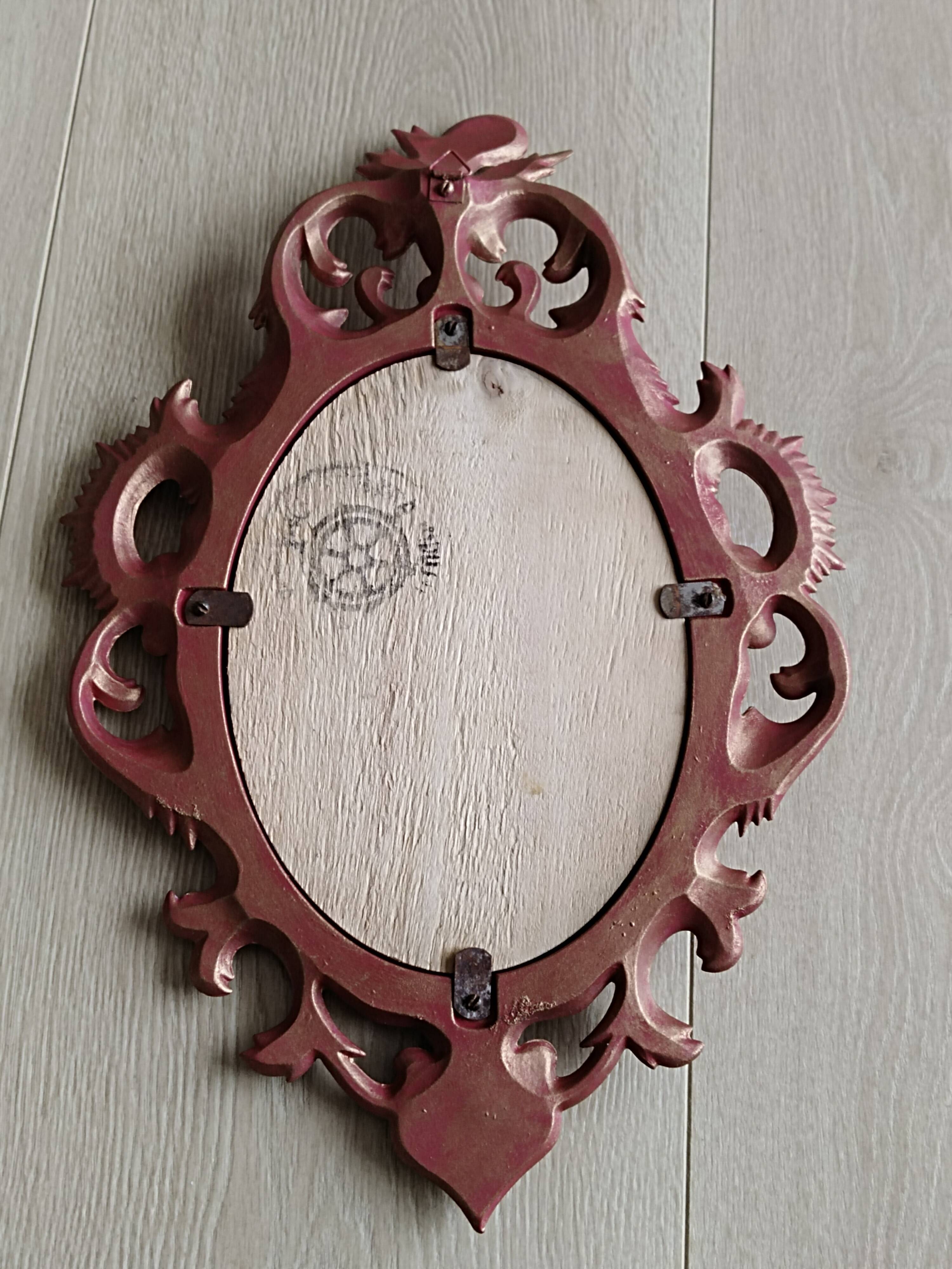 Classic red and gold patinated rocaille mirror, 35 cm x 23 cm