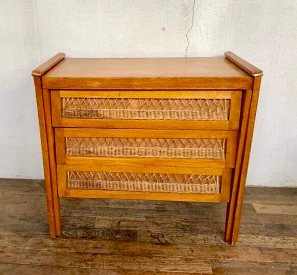 Modernist vintage chest of drawers in light chene has 3 drawers rattan top changing table