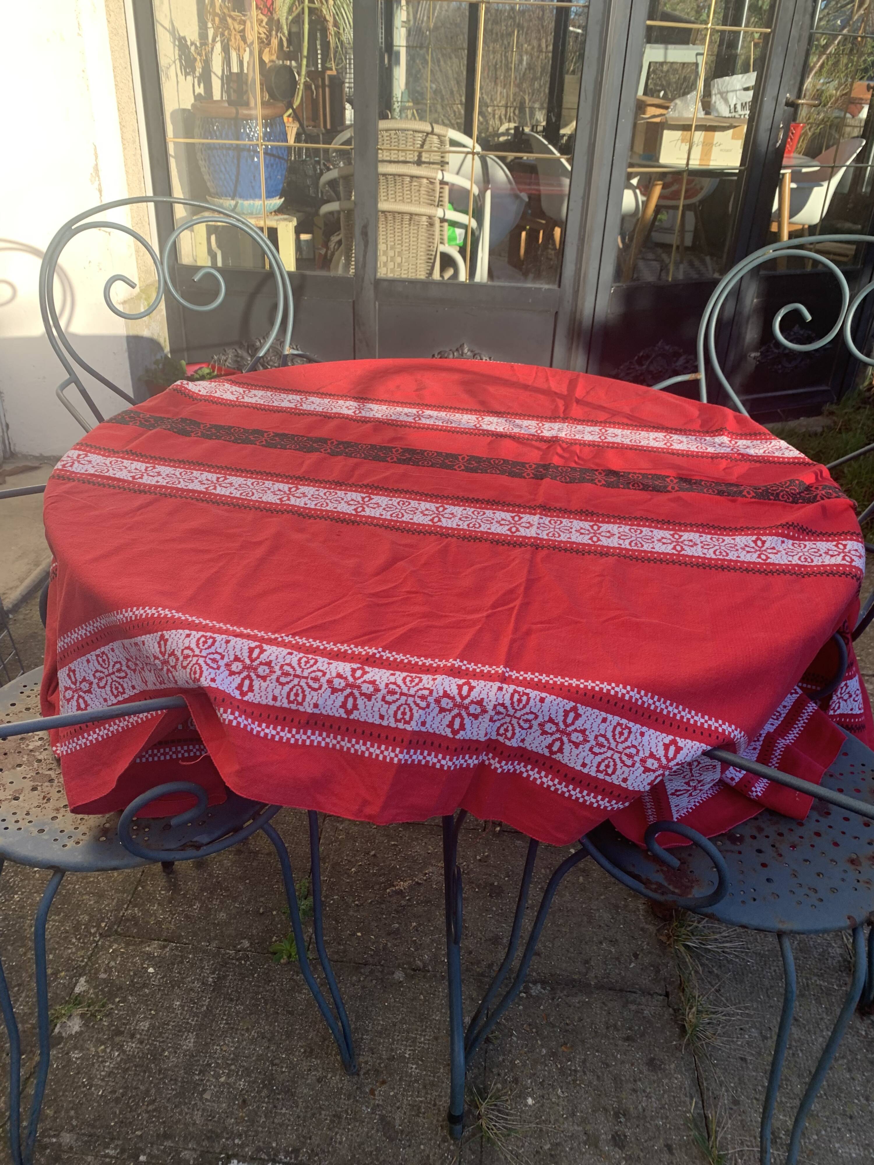 Rectangular tablecloth, Basque household linen in red cotton with black and white embroidery, vintage