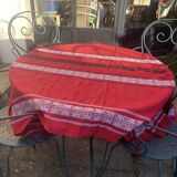 Rectangular tablecloth, Basque household linen in red cotton with black and white embroidery, vintage