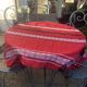 Rectangular tablecloth, Basque household linen in red cotton with black and white embroidery, vintage