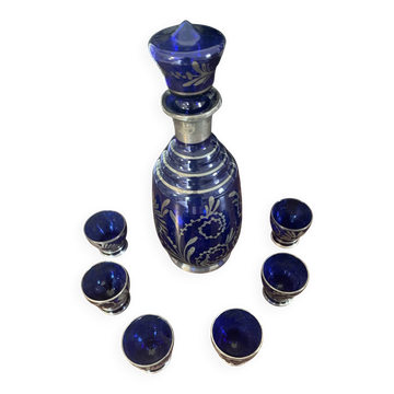 Antique Cobalt Blue Glass Liqueur Set with Applied Silver Decoration – 7