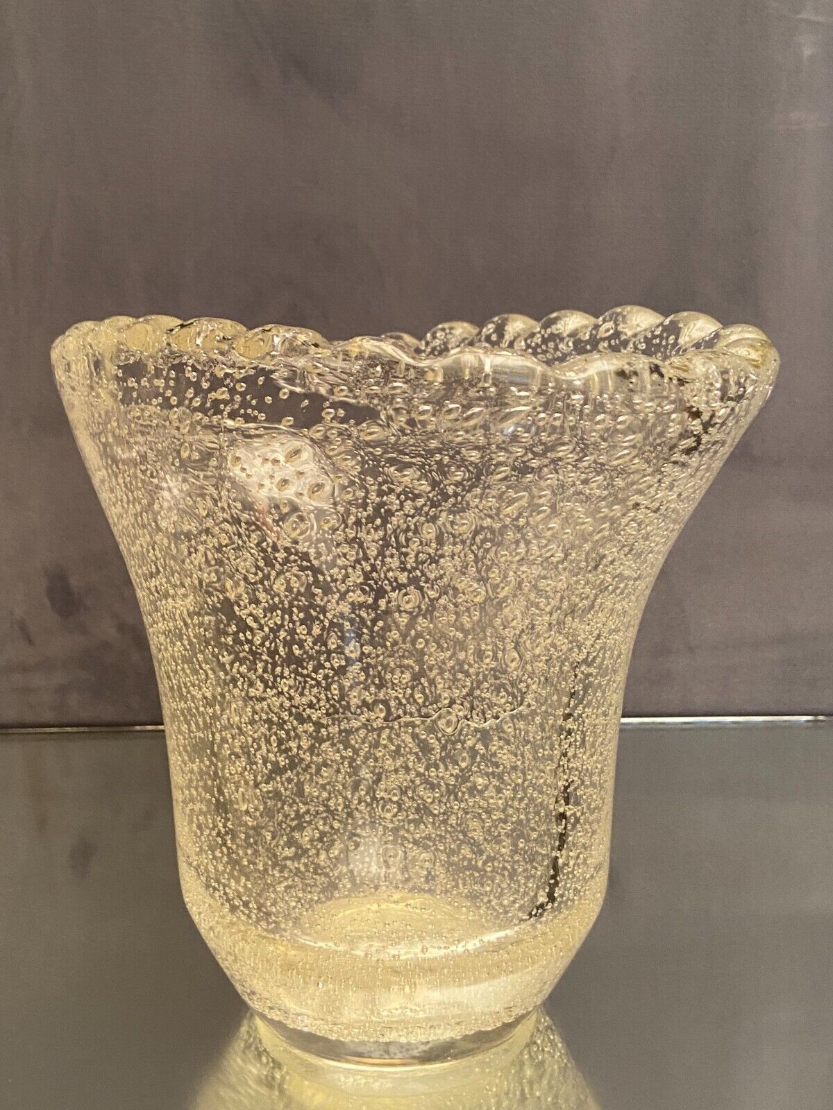 Crystal vase with subtly tinted bubble decoration signed Daum