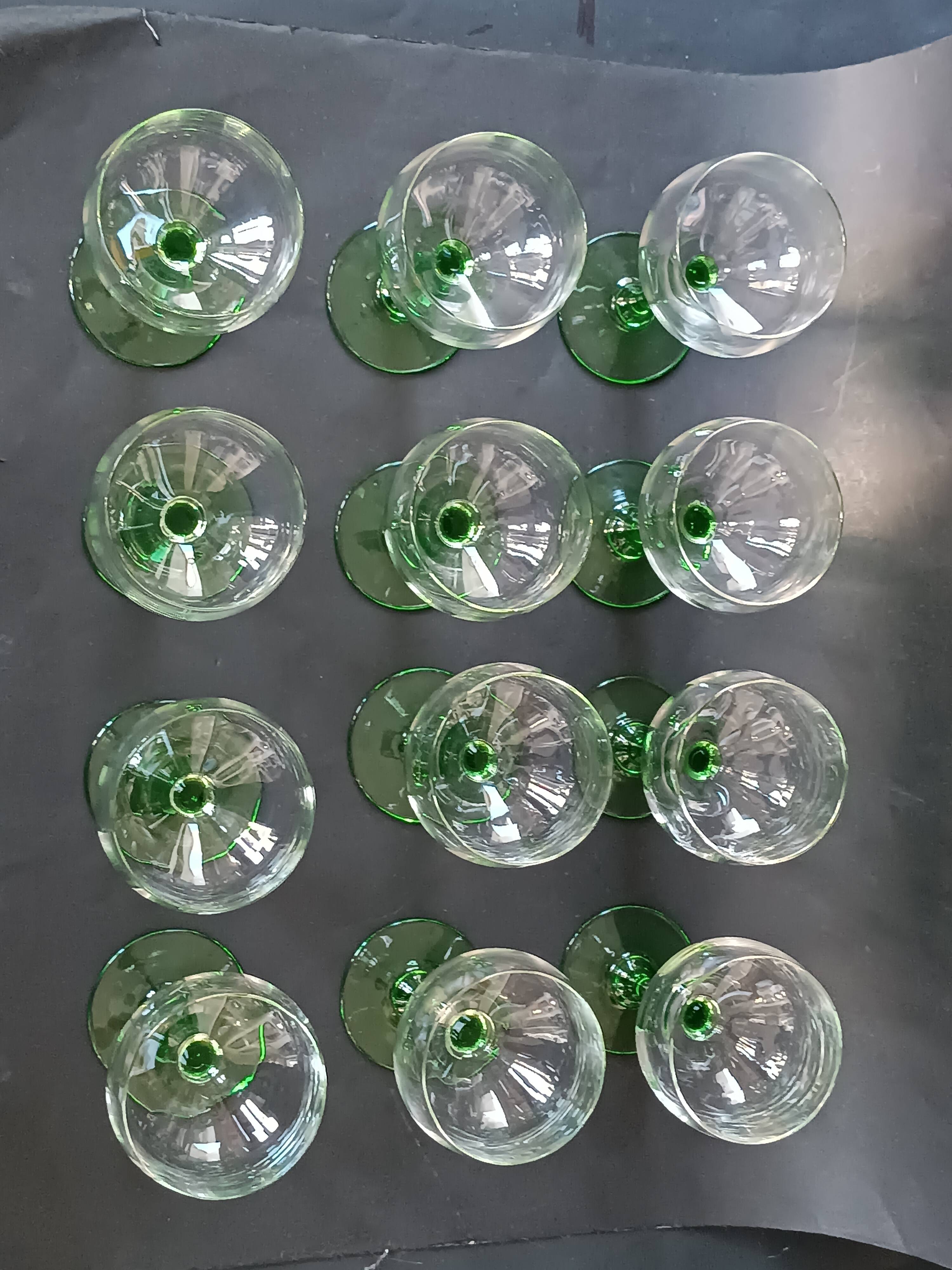 12 green footed wine glasses in opaline blown crystal 1900