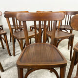 Set of 17 vintage bistro chairs in curved wood — striped seat, be