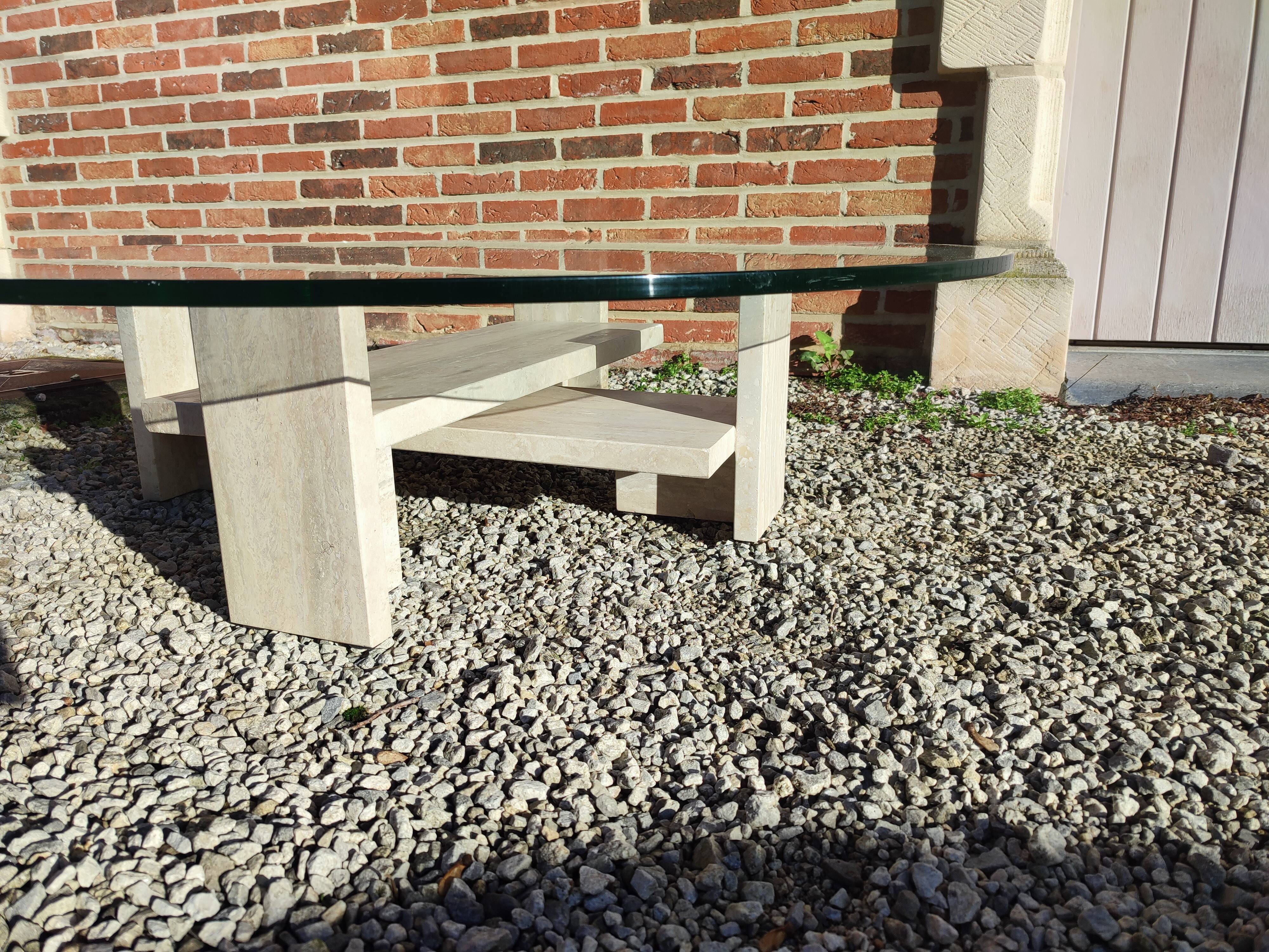 Coffee table in travertine and thick glass, Willy Ballez, 1970s