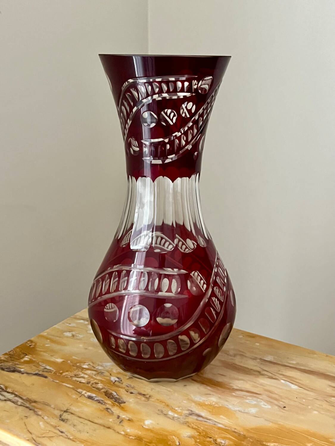 Bohemian crystal vase in ruby red color