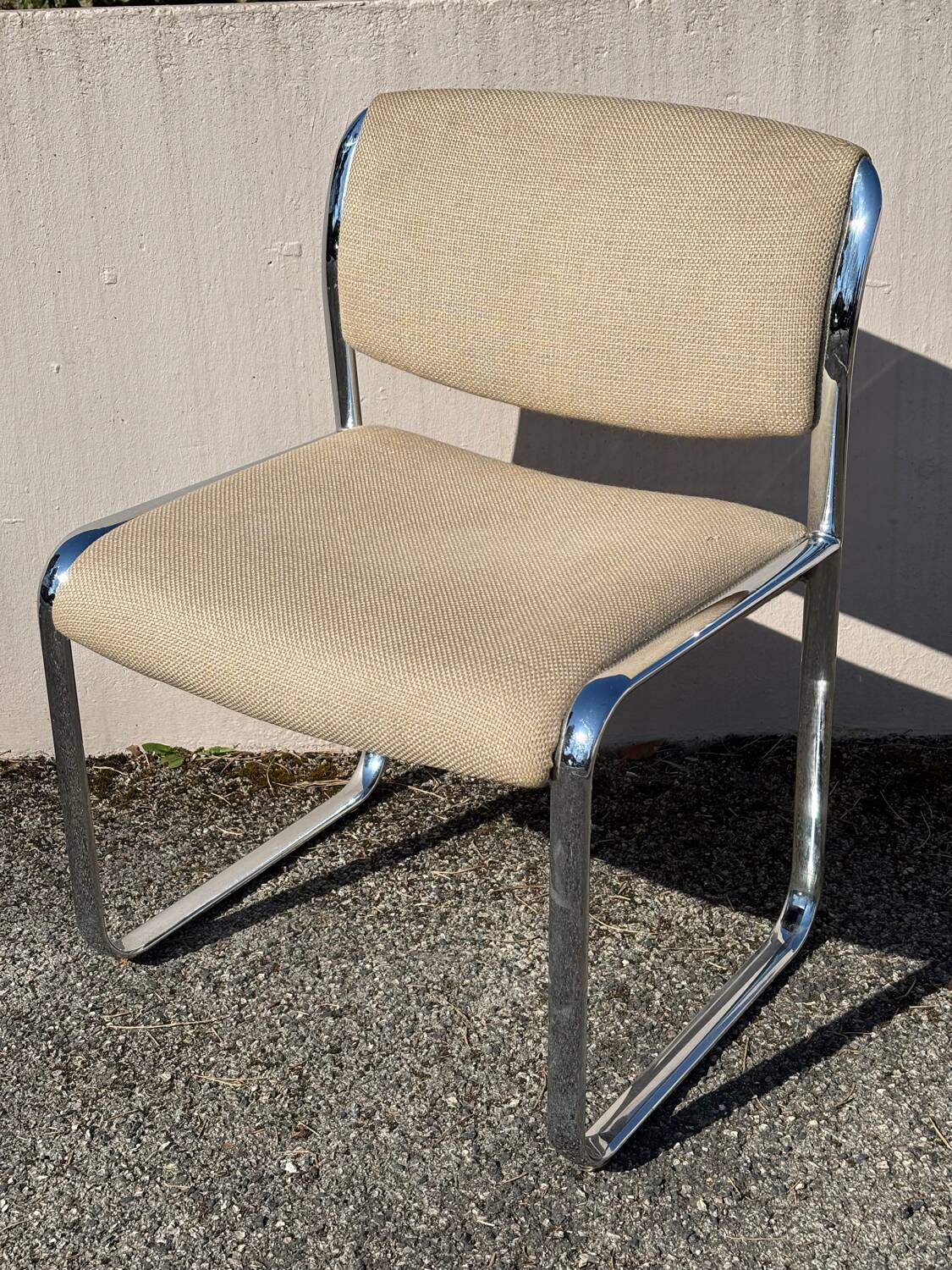 Vintage steel and beige fabric sleigh chair