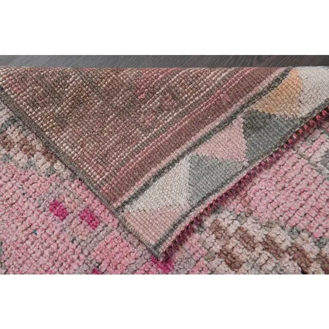 Vintage Turkish Oushak handmade wool cotton pink runner rug 82x346