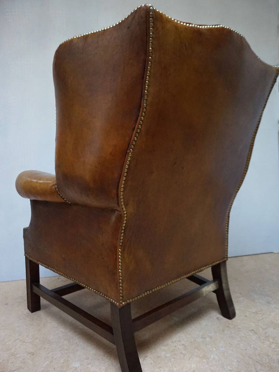 Vintage Cognac Leather Wingback Chesterfield Armchair, England 1940s