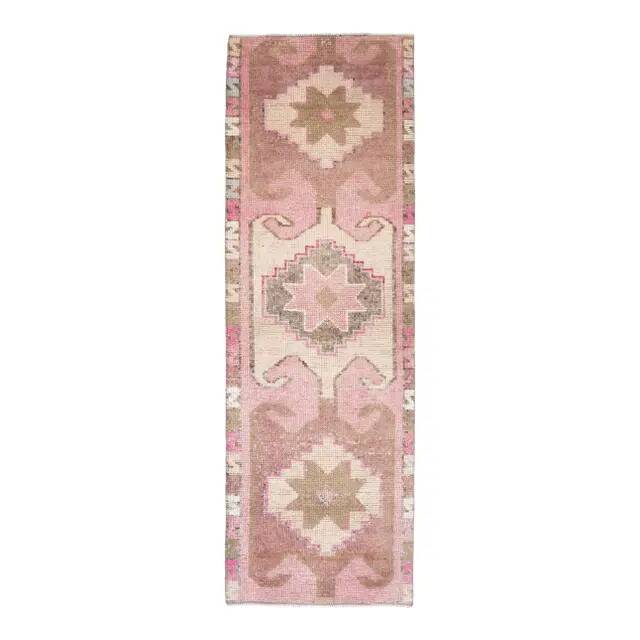 Vintage Turkish hand-knotted wool cotton pink runner rug 88x283
