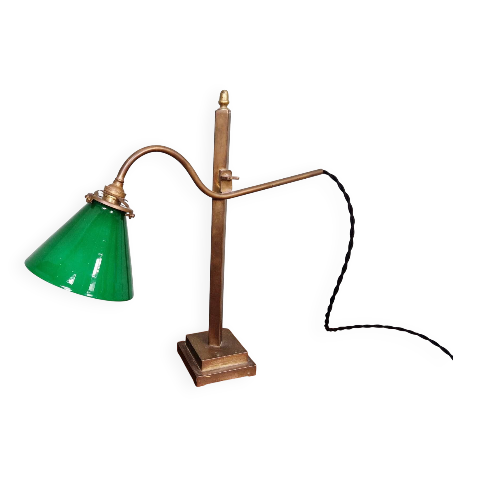 Bronze desk lamp with a green opaline conical shade, 1920.