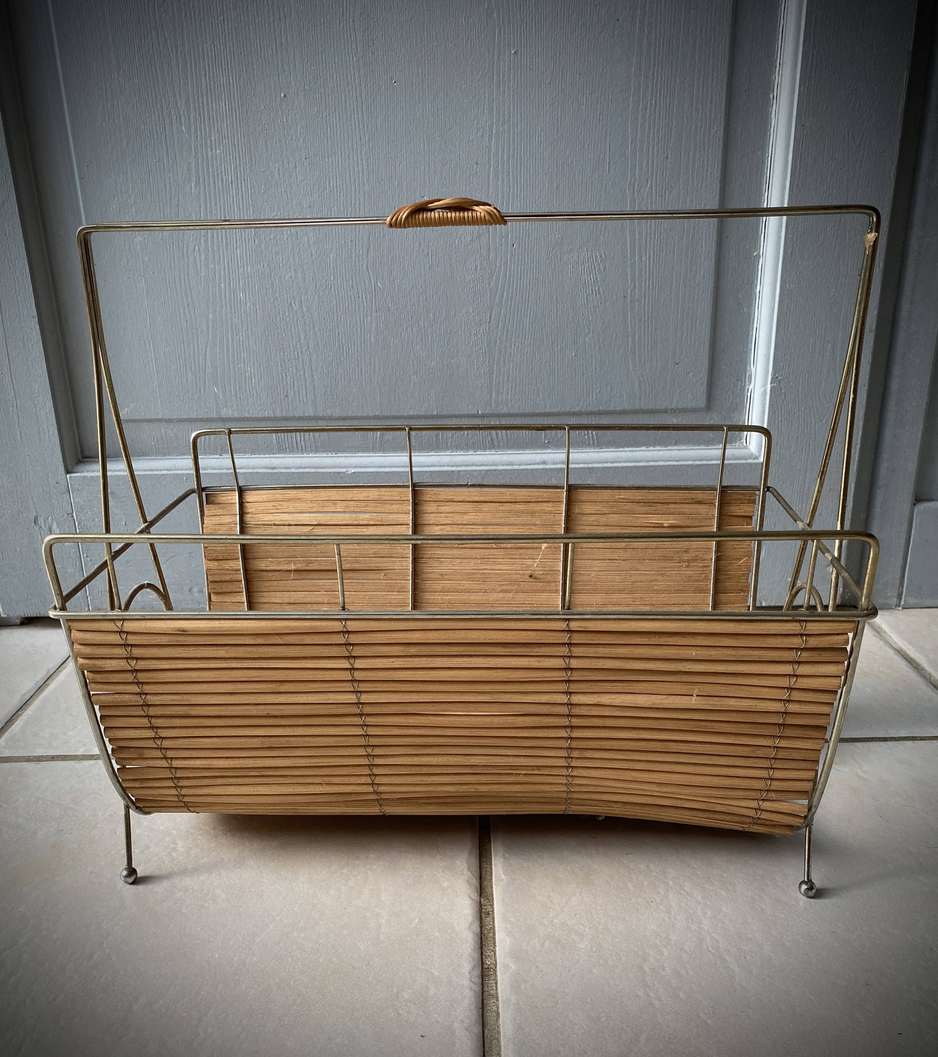 Vintage 1960s magazine rack / newspaper basket, brass & bamboo frame