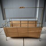 Vintage 1960s magazine rack / newspaper basket, brass & bamboo frame