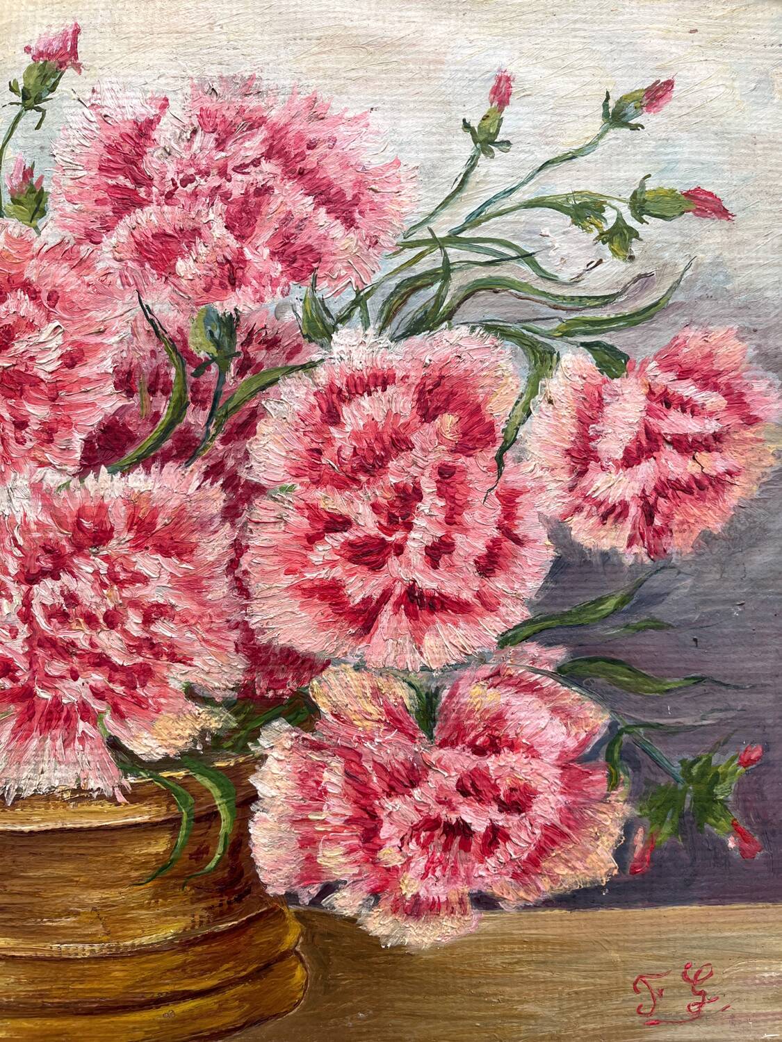Antique oil painting on cardboard, bouquet of carnations, signed and dated 1899