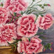 Antique oil painting on cardboard, bouquet of carnations, signed and dated 1899
