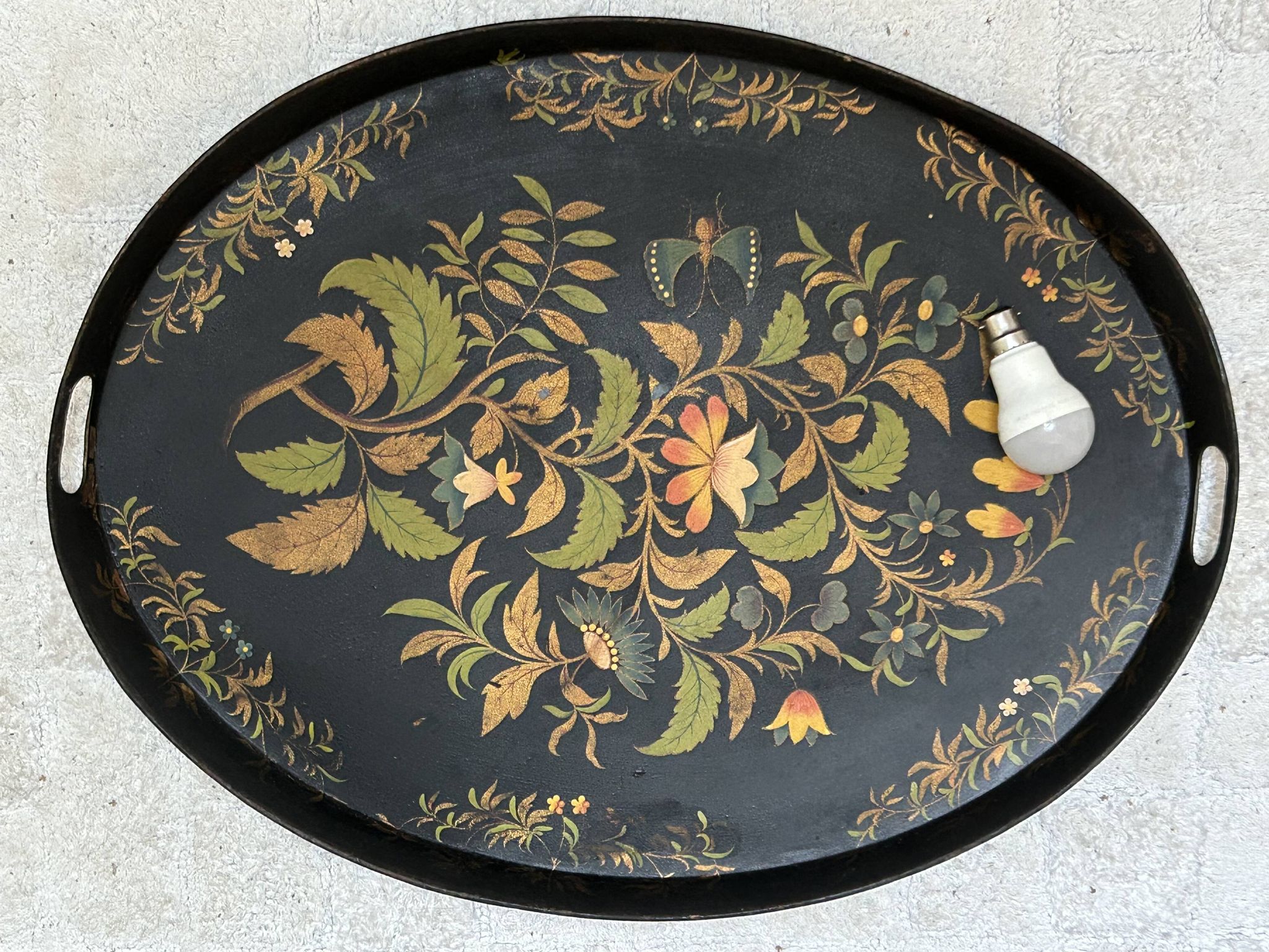 Oval tray, 19th century, hand-painted sheet metal, butterfly & bouquet, Napoleon III