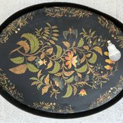Oval tray, 19th century, hand-painted sheet metal, butterfly & bouquet, Napoleon III
