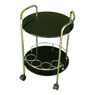 DESSERTE ROULANTE/CHARIOT DE BAR ROND 1970 CHROME ET MELAMINE NOIR