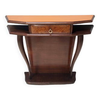 Vintage Beech and Walnut Root Console Table with an Orange Glass Top, Italy