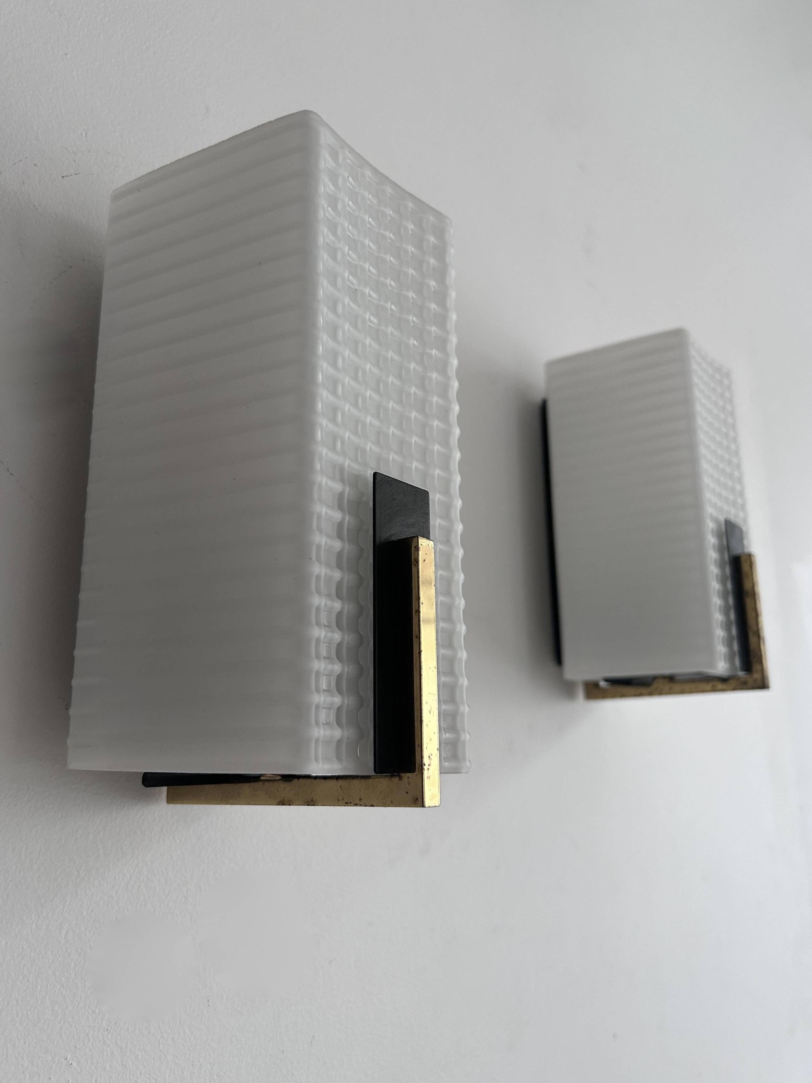Pair of vintage wall lights, brass and opaline, France 1960