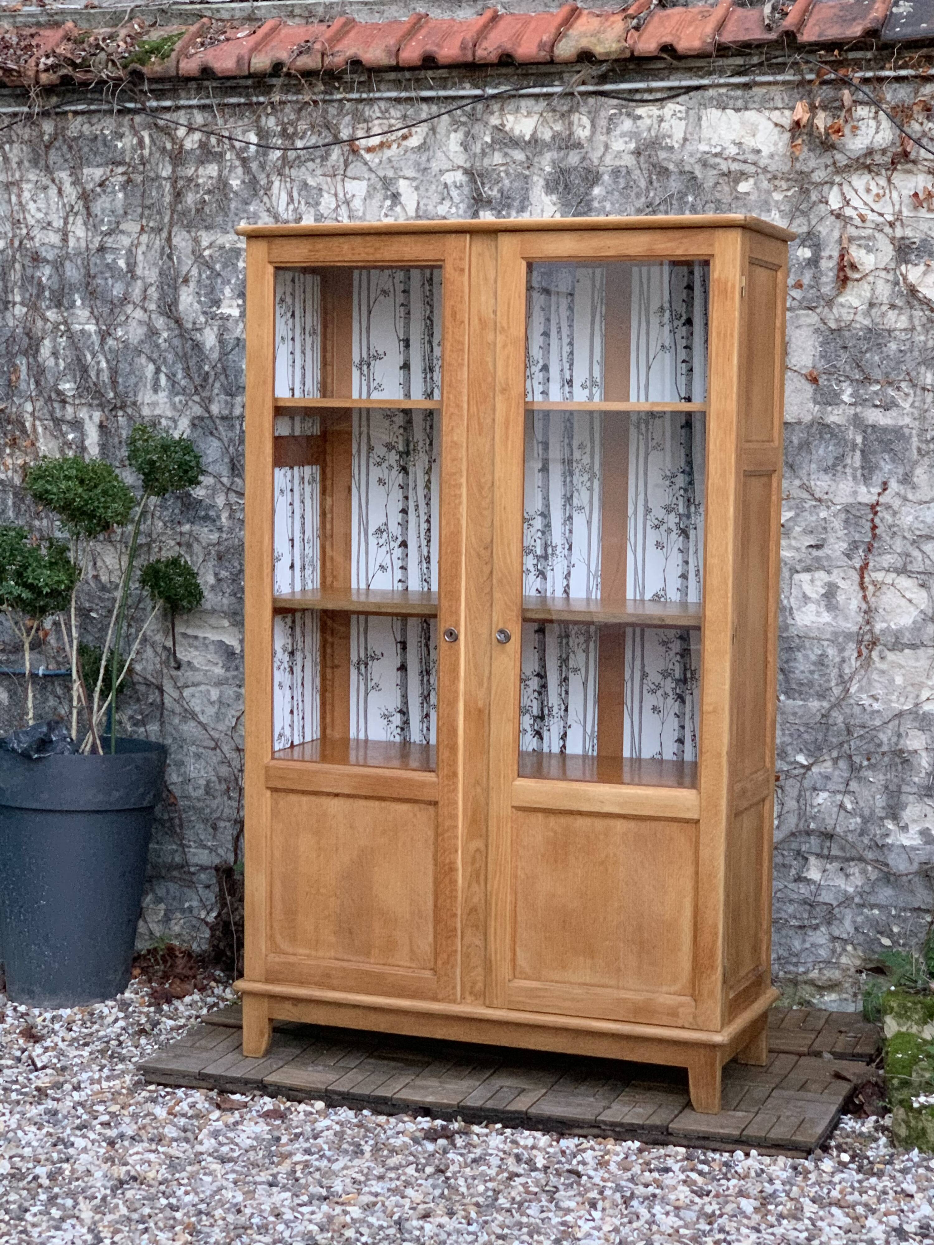 Solid raw oak school glass cabinet 1950