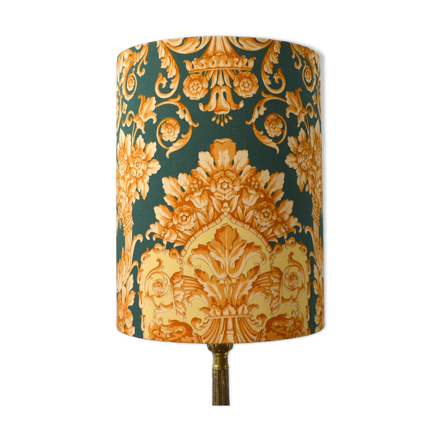 Fabric lampshade with baroque pattern, antique gold leaf design.