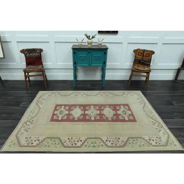1970s Vintage Turkish Oushak Handmade Wool Cotton Beige Area Rug 158x229