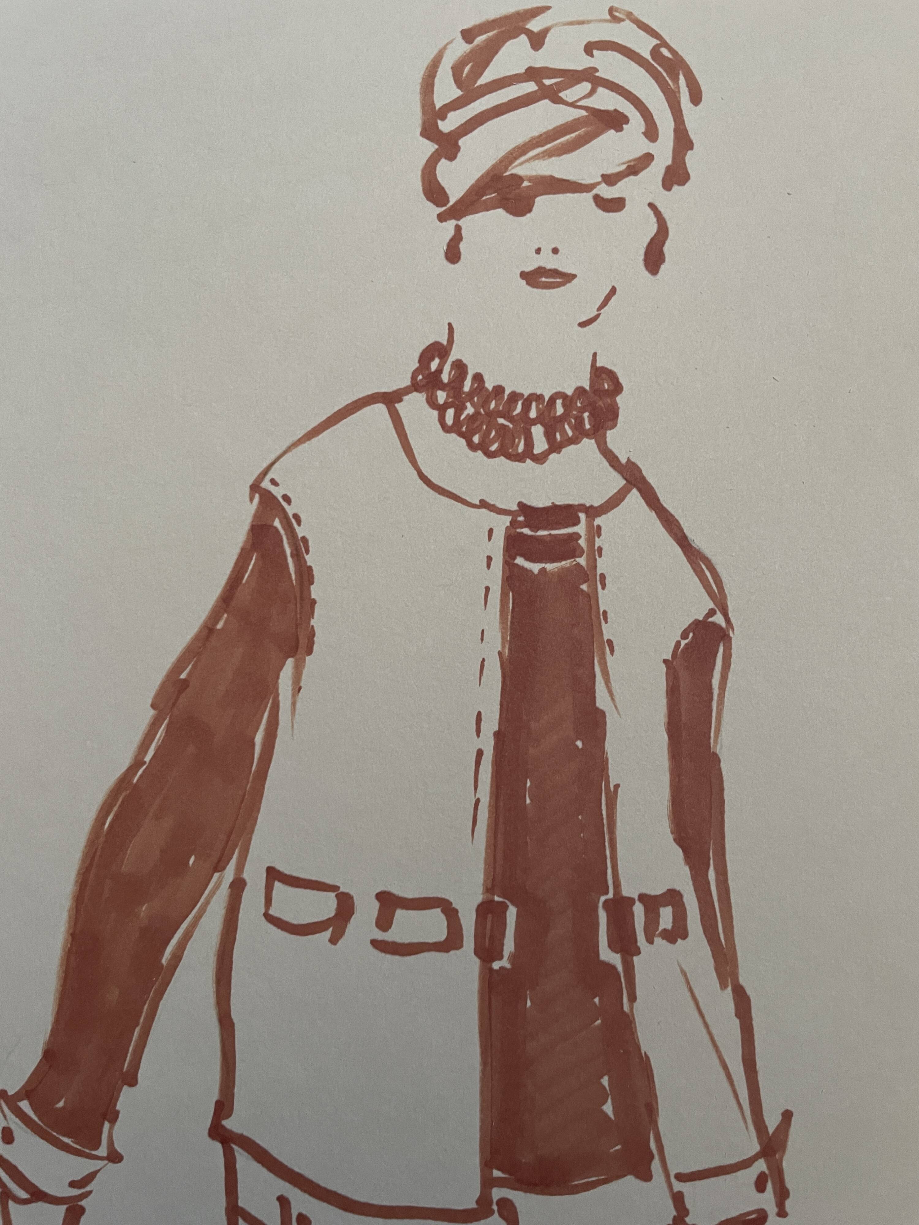 Painting signed in ink fashion engraving "study of a model of a woman's sleeveless vest"