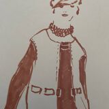 Painting signed in ink fashion engraving "study of a model of a woman's sleeveless vest"