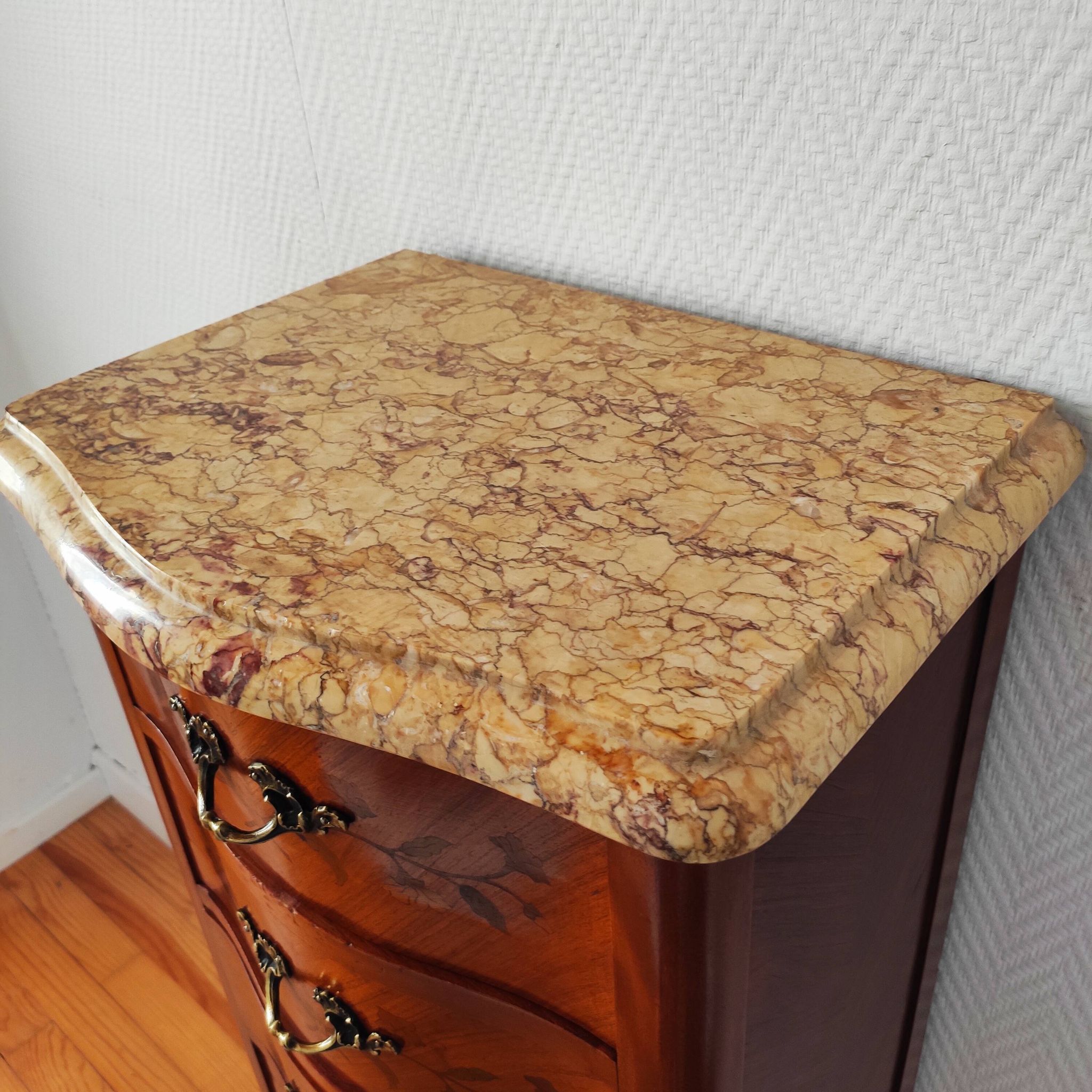 Curved chest of drawers in marquetry – marble top – Louis XV style