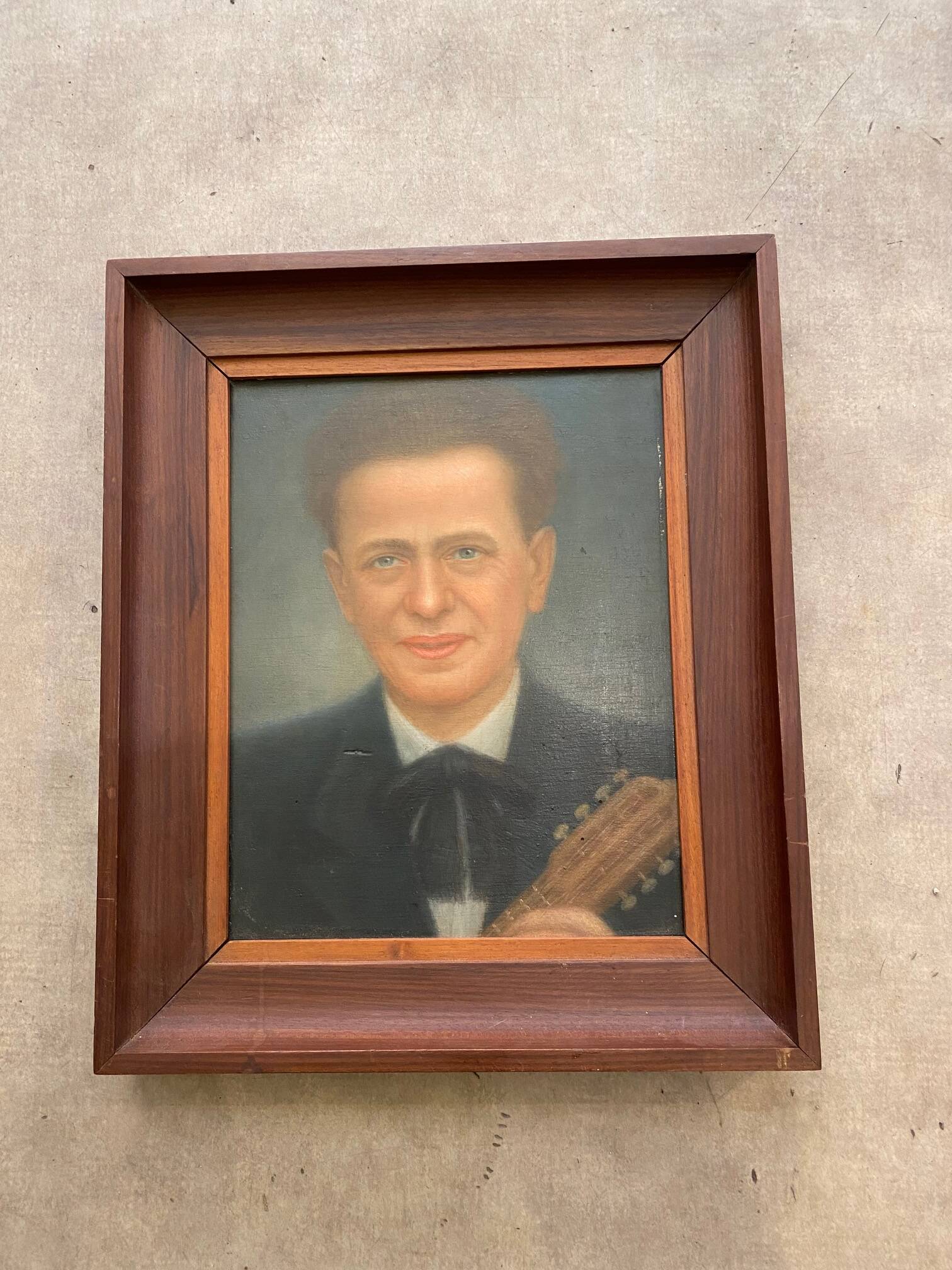 PORTRAIT OF A MAN AND HIS GUITAR OIL PAINTING 1940S