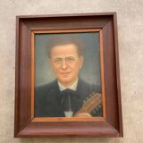 PORTRAIT OF A MAN AND HIS GUITAR OIL PAINTING 1940S