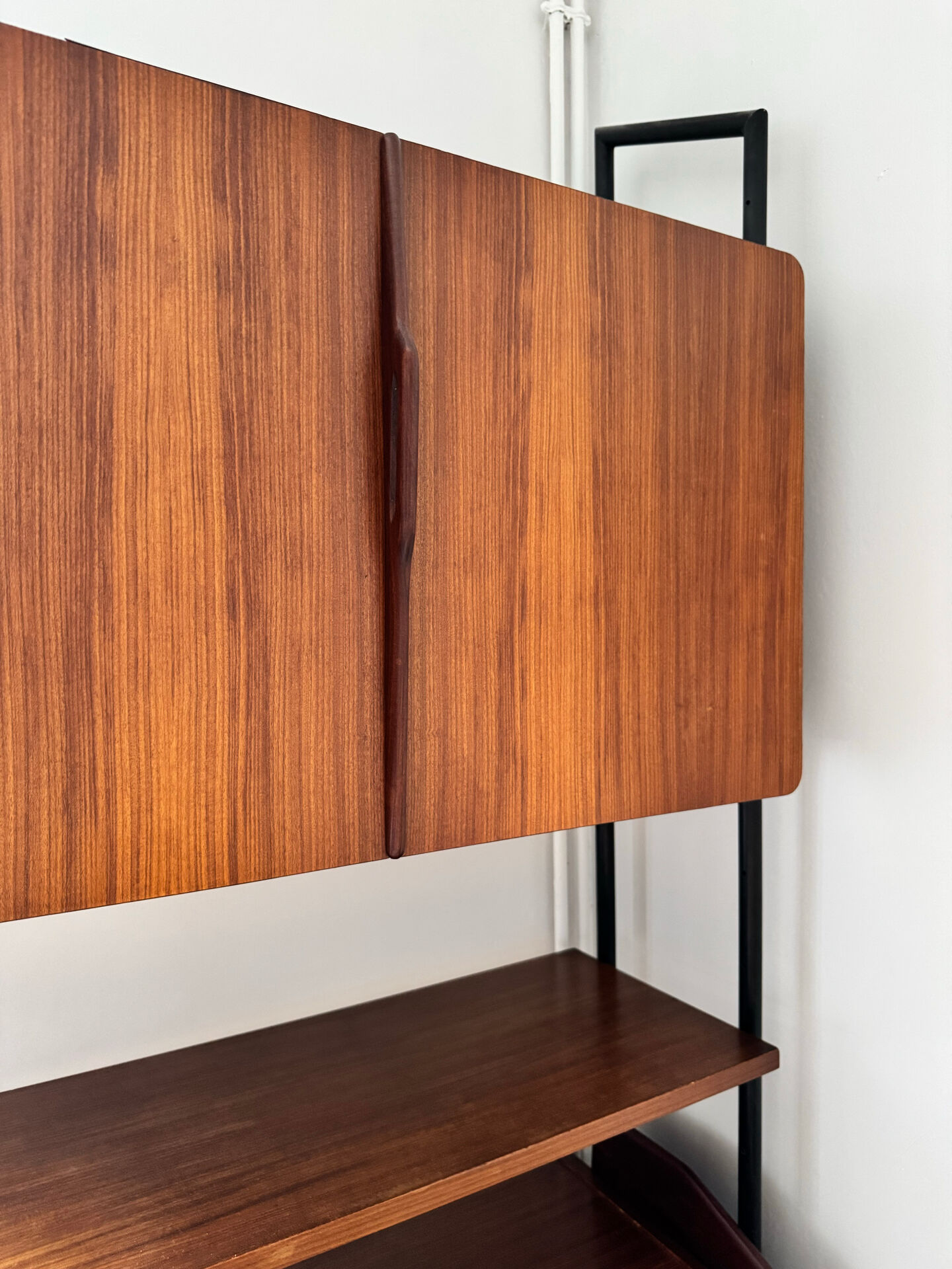 Modular vintage library in teak and black metal — Italian design,