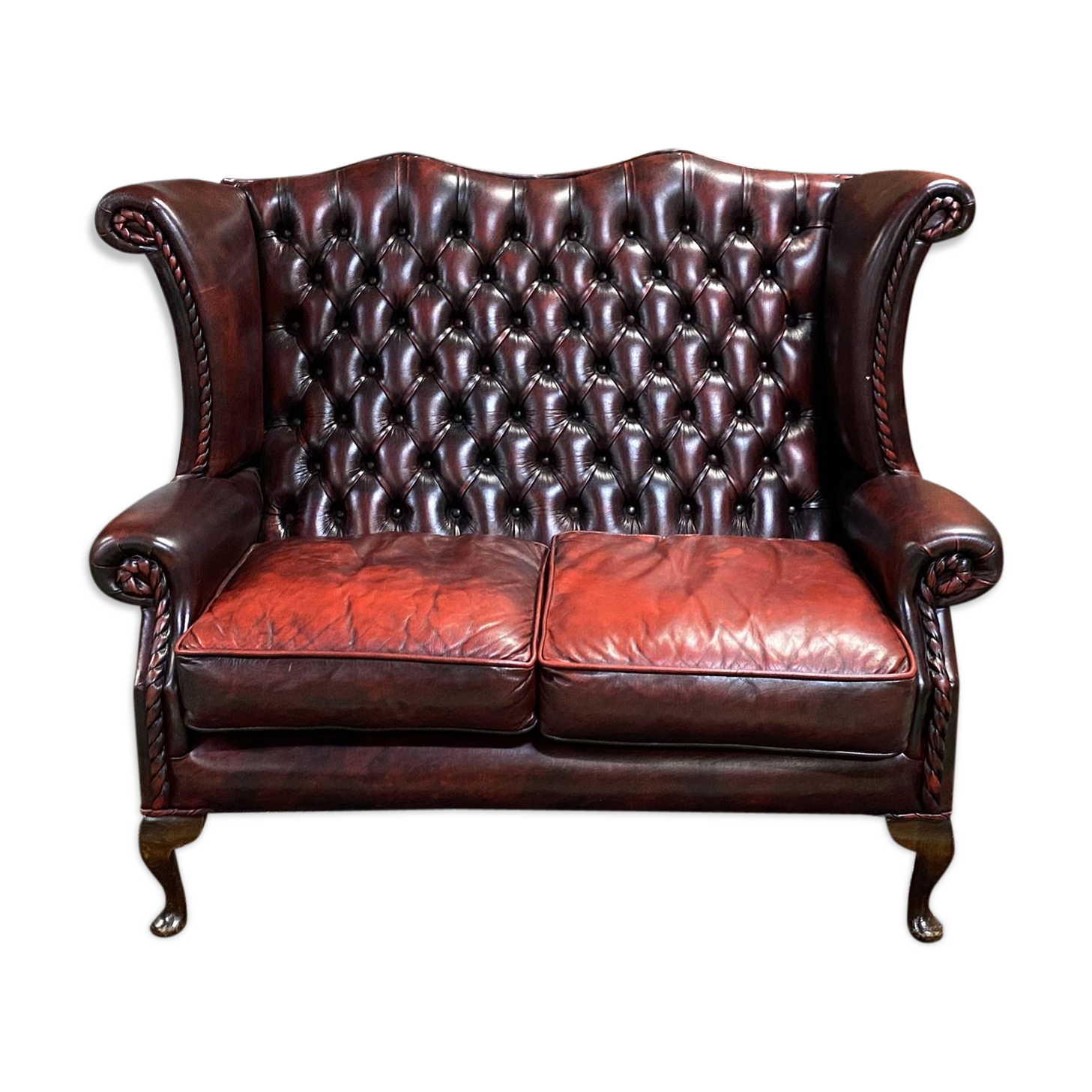 Chesterfield 2-seater leather-eared sofa from the 80s