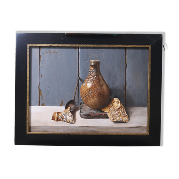 Still life with Bellarmine jug and pewter spoon – Marjolein van den Berg
