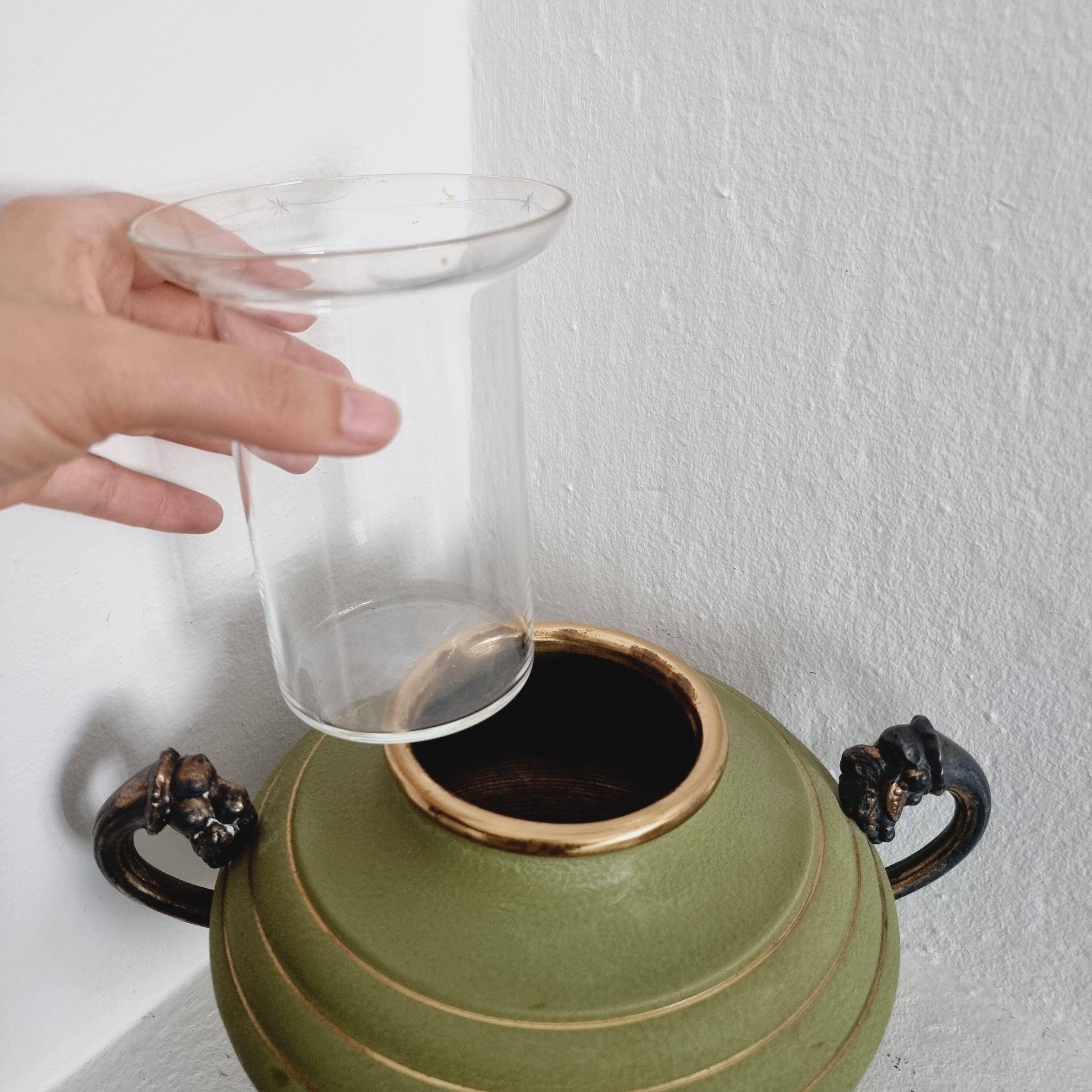 Metal, wood, and engraved glass vase. Swedish grace, 1930s.