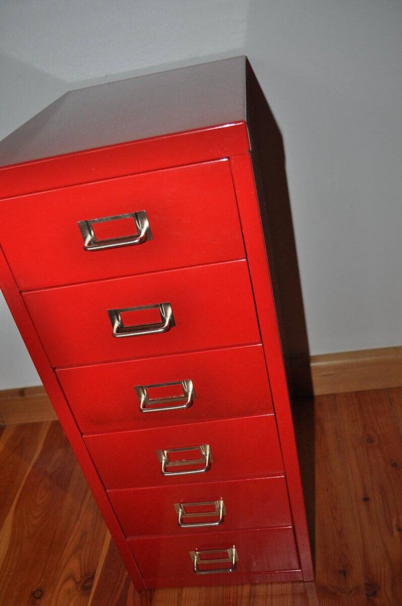 Purple industrial metal cabinet with six drawers, 1980s filing style.