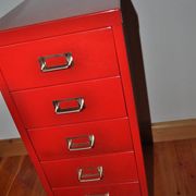 Purple industrial metal cabinet with six drawers, 1980s filing style.