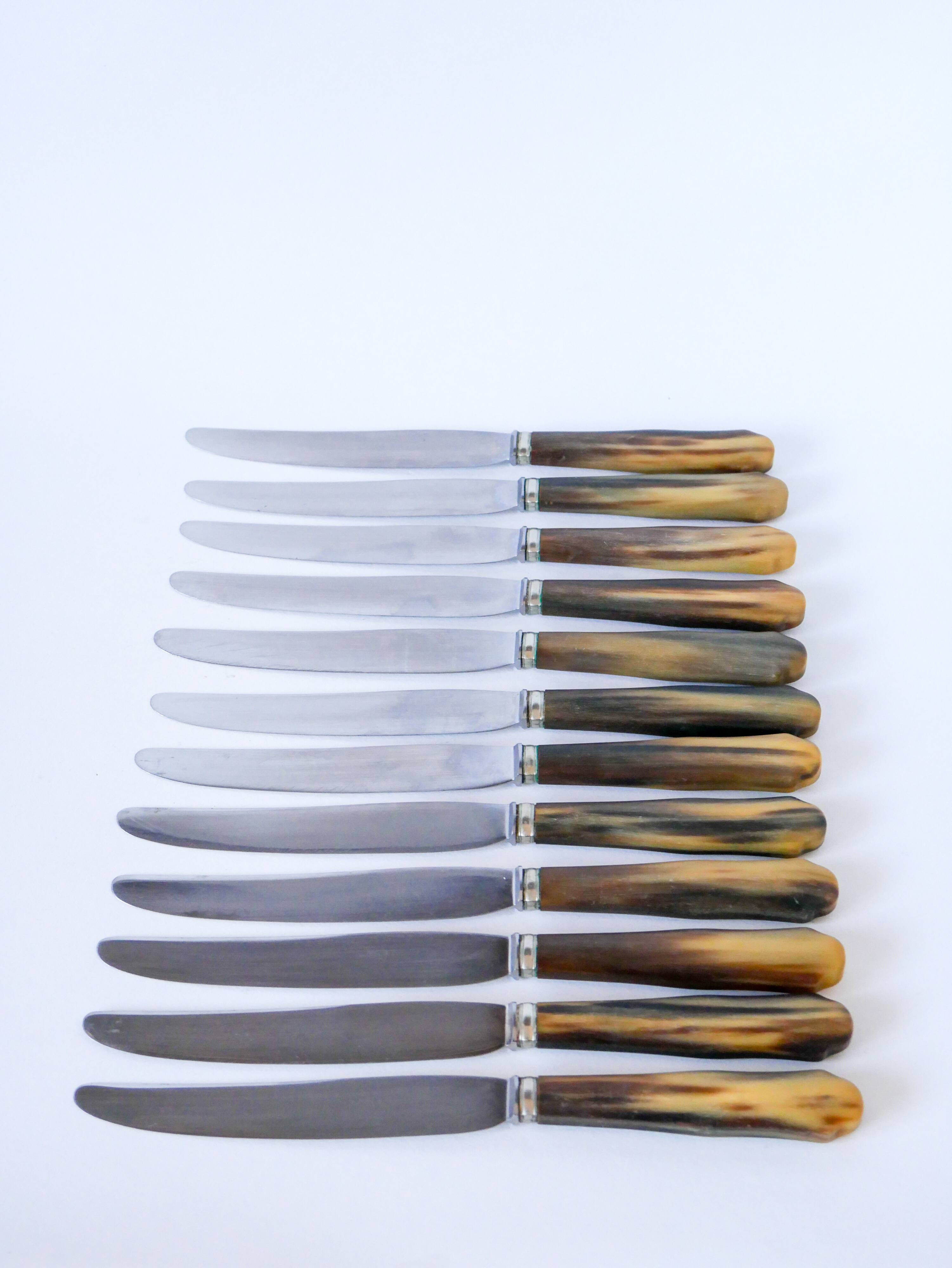 Set of 12 brown and beige marbled horn knives 1960