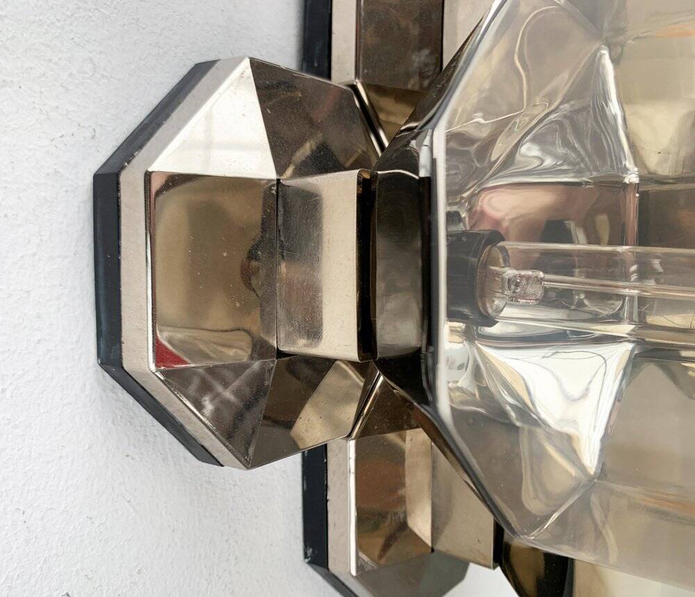 Vintage German wall or ceiling lamp from the space age in chrome and glass by Motoko Ishii for Staff, 1970s.